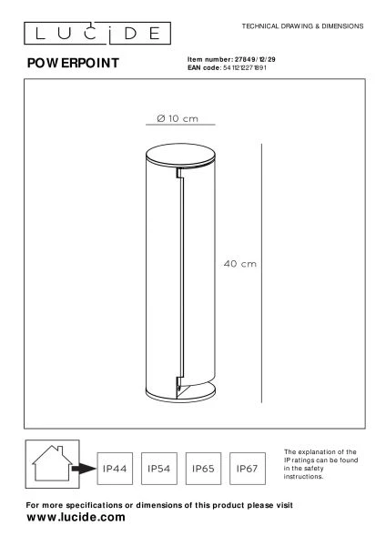 Lucide POWERPOINT - Colonne de prise de courant extérieure - Prise de courant avec broche de terre - Type F - Norme EUR/RUS - Ø 10 cm - IP44 - Anthracite - technique